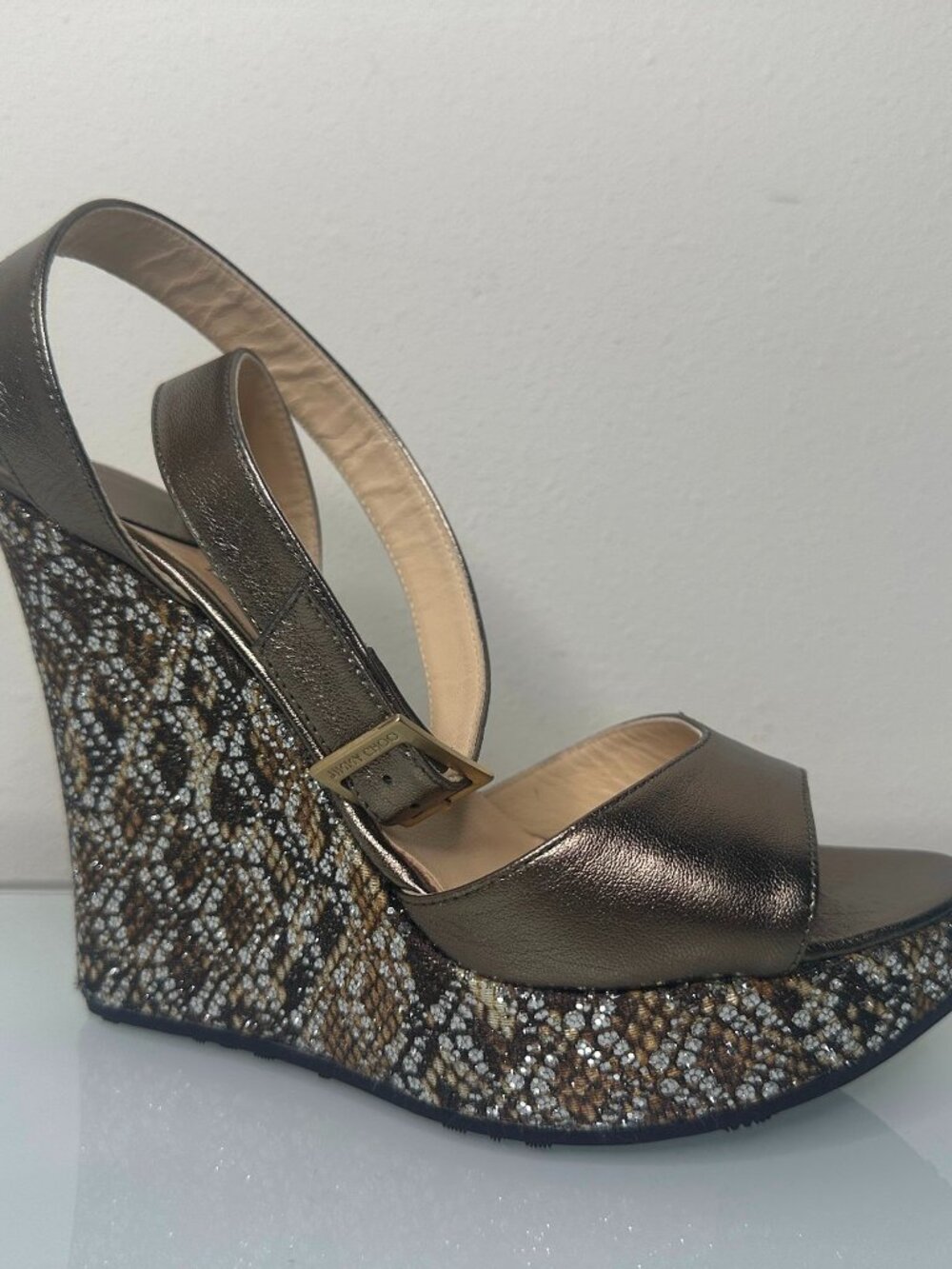 Jimmy Choo Pablo Gunmetal Leather Strap Wedge Heel Sandals